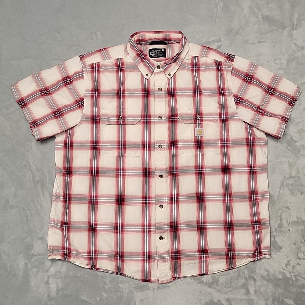 Carhartt‎ Button Down Mens 2XL Red Plaid Loose Fit Workwear Casual Short Sleeve